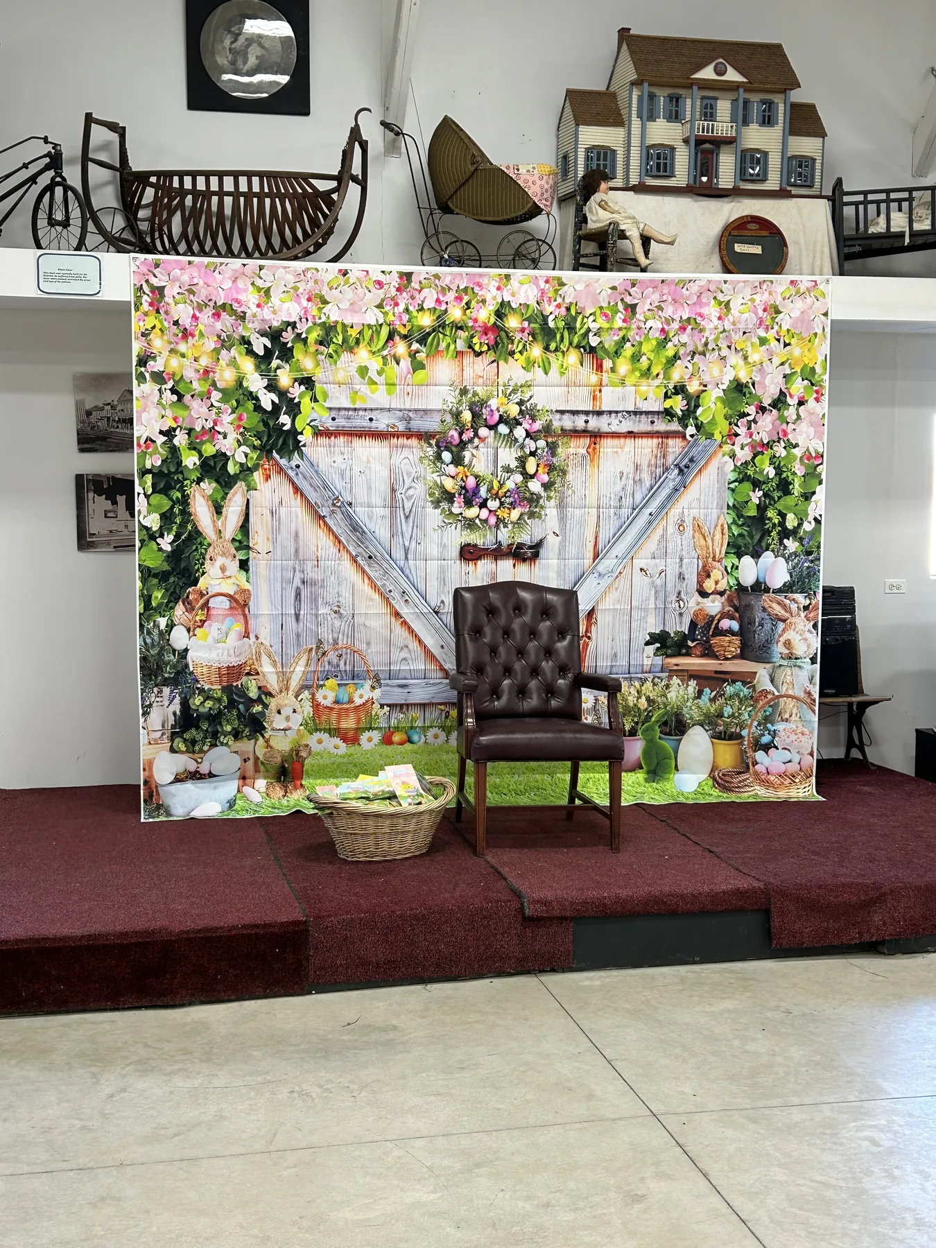 Easter photo backdrop set up inside the Lyon Farm museum