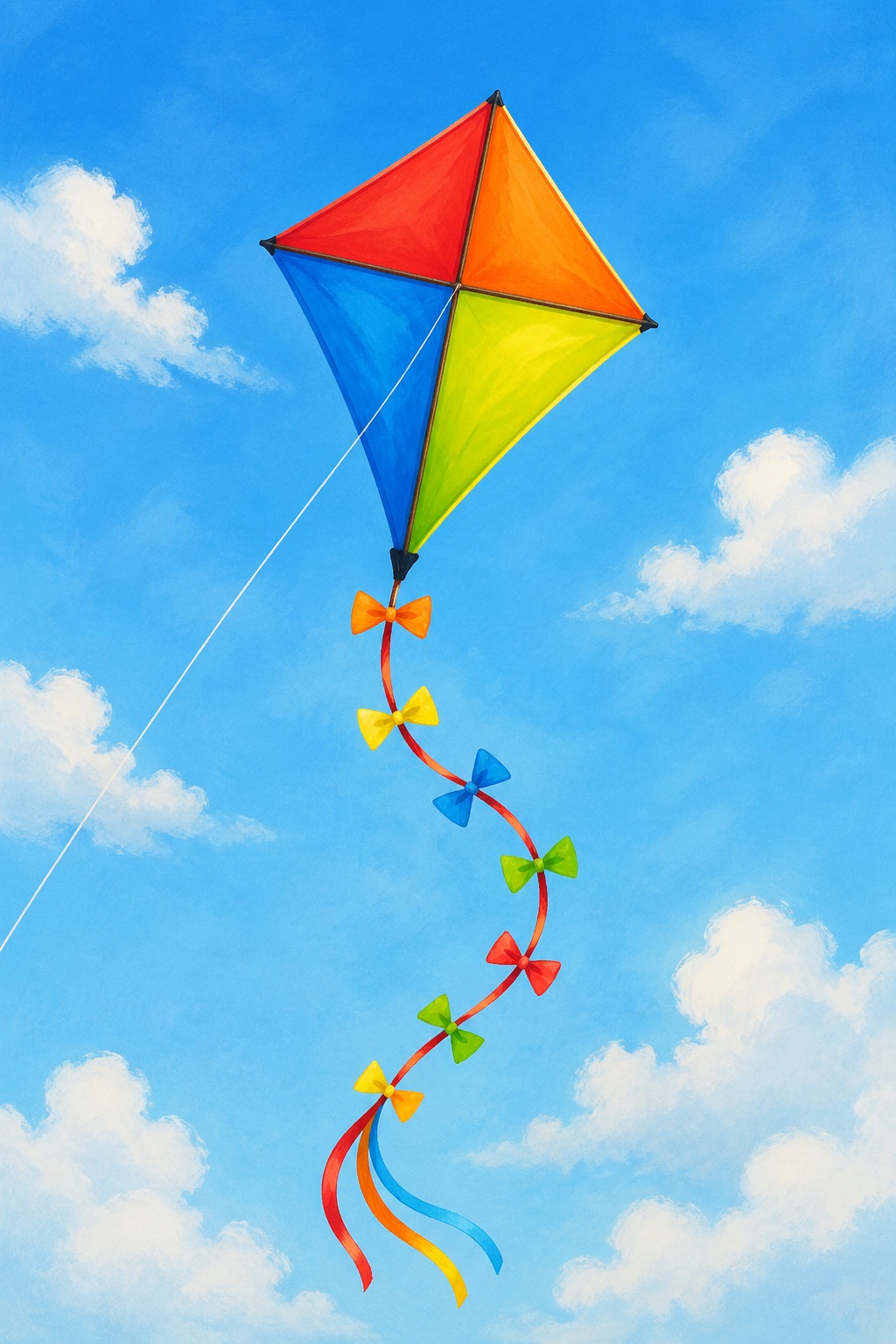 Colorful kite flying in a bright blue sky